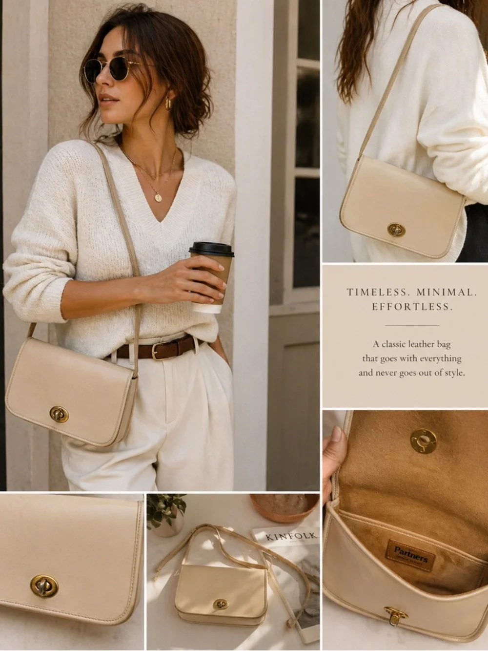 Vintage Cream Leather Crossbody Bag Minimal Flap‎ Neutral Classic Purse
